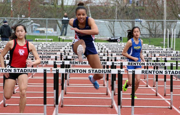 Lindbergh's Christina Wiley races to a victory in the 100 meter hurdles during the March 19 Renton Jamboree.