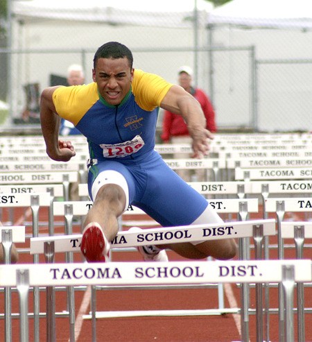 Hazen's James Holland competes in the preliminary 110-meter hurdles race May 27. Holland finished third in the finals.