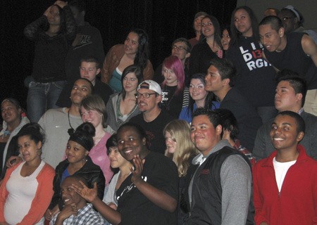 Actor and director Matthew Lillard (with his cap turned backward in a sea of students) visited drama students at Lindbergh High School Friday