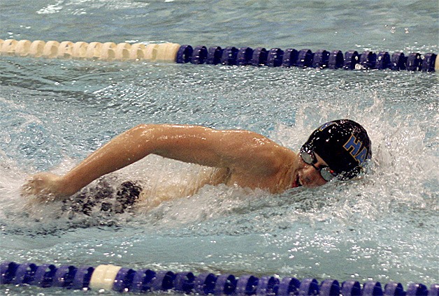 Hazen's Chase Onstot swims in the 200 free prelims at the Seamount League Championships Feb. 4. Onstot won a league title in the event.