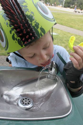 Five-year-old Gabriel Moore of Renton was all ready for some skateboarding at Liberty Park Tuesday afternoon