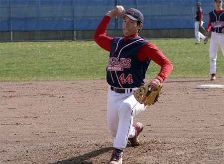 Lindbergh's Tommy Kawamura throws a pitch against Hazen April 14.