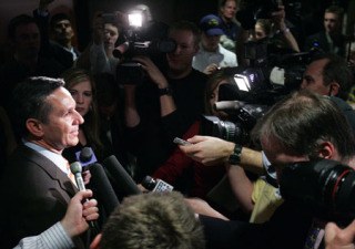 Republican gubernertorial candidate Dino Rossi is interviewed by the media after speaking Tuesday night at a Republican Party election night party at the Hyatt Regency hotel in Bellevue.