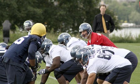 Seahawks quarterback Matt Hasselbeck waits for the snap under center at a training camp practice last summer.