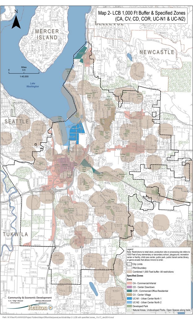 This map shows the city's retail zones that will be available to marijuana retailers as well as the buffers around sensitive areas.