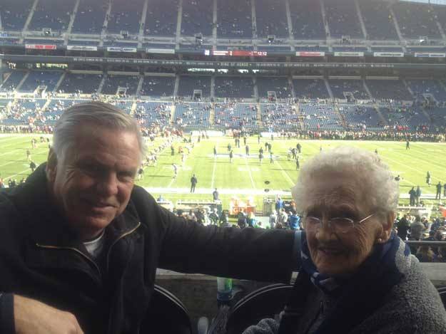 Joanne Terrian and nephew Sid Sigfusson pose for a photo from their seats at CenturyLink Field prior to the Nov. 3 Seahawks game.