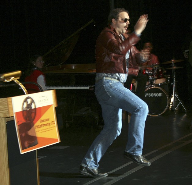 Filmmaker Chris Anderson reacts on stage at last year's Renton FilmFrenzy Curvee Awards Gala after receiving one of three awards for “Cliché and Carter.”