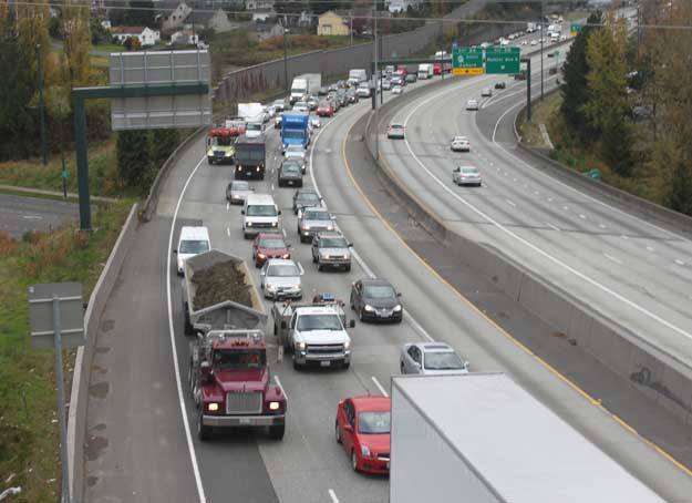 Traffic crawls up I-405 north during a recent morning commute.