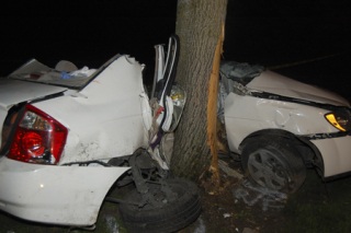 Three young men were critically injured early Sunday morning when this Kia crashed into a tree on Southwest Seventh Street in Renton