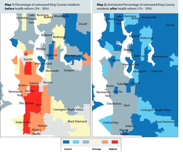 These maps show the percentage of uninsured King County residents at the present time and the estimates for after the Affordable Care Act goes into effect.