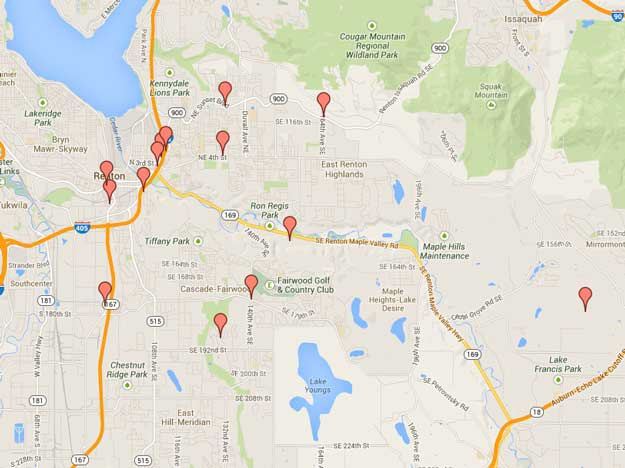 This Google map shows the locations of the 14 applications received for marijuana retail businesses in Renton.