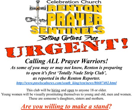 A Celebration Church flier is calling on 'prayer warriors' to attend a Renton City Council meeting Monday night.