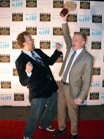 Stephen Heller and Brad Singley pose in celebration of their 'Best Picture' win at the 2014 Curvee Awards.