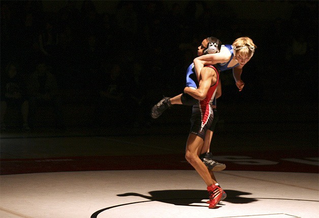 Renton's Saugat Chhetri picks up Hazen's Derek Coburn and prepares to slam him on the way to a first-round pin. Hazen ended up on top 41-33 in the Jan. 27 match.