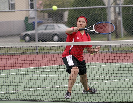 Renton senior Hailey Corson returns a shot against Mount Rainier April 26.