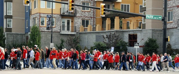 About 500 SPEEA members marched in north Renton at The Landing Wednesday in a show of solidarity. The union's membership is voting on a new contract that leadership has recommended it reject.