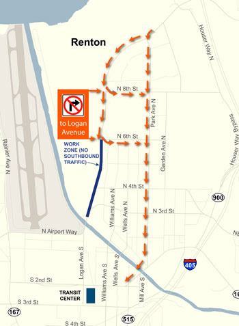 This map shows the detour for southbound drivers on Logan Avenue North.