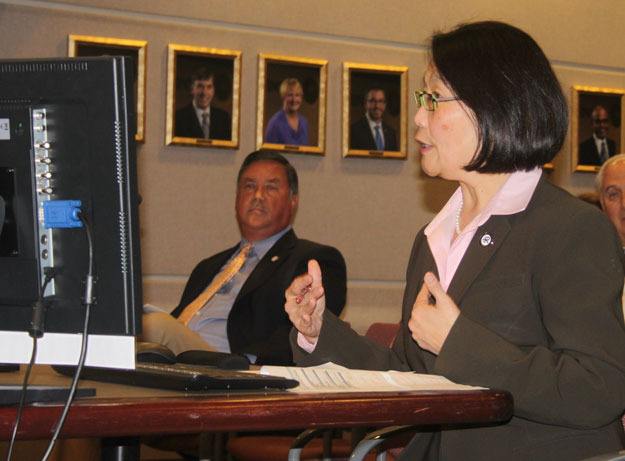 Administrative Services Administrator  Iwen Wang presents the 2015-2016 budget as Mayor Denis Law looks on.