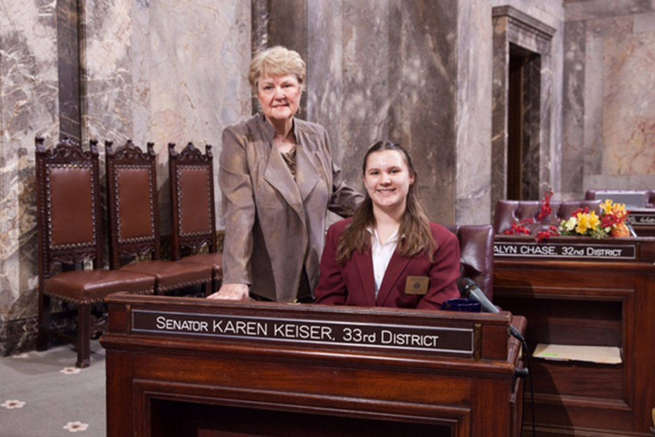 State Senator Karen Keiser (left) with Page Terra Lynn Korve (right) on March 6 at Washing State Senate (Courtesy photo).