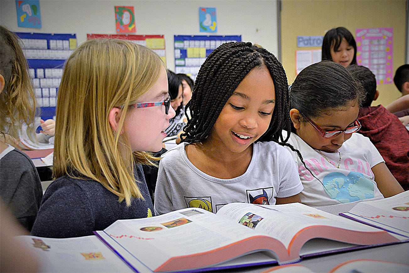 Renton Rotary members hand out dictionaries to third graders