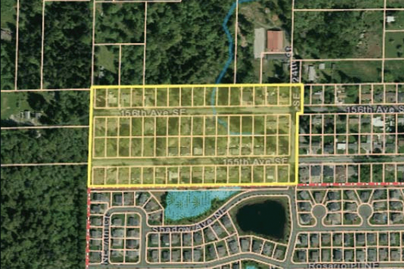 A highlighted image of the area for proposed annexation, taken from the presentation at the public hearing, including portions of 156th and 155th avenues southeast.