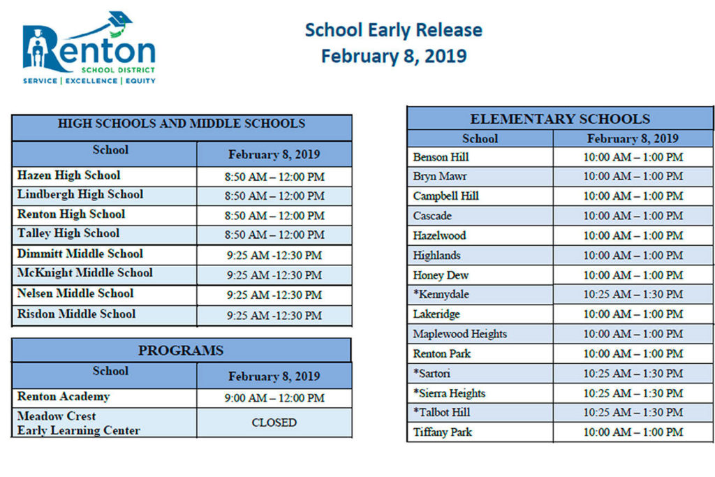 Renton schools plans for early dismissal Friday Renton Reporter