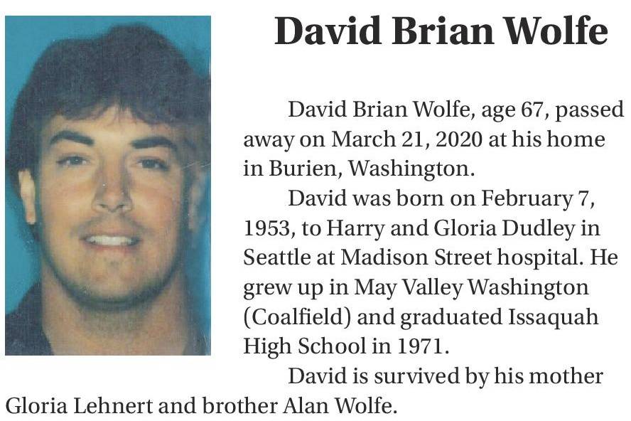 David Brian Wolfe obituary Renton Reporter