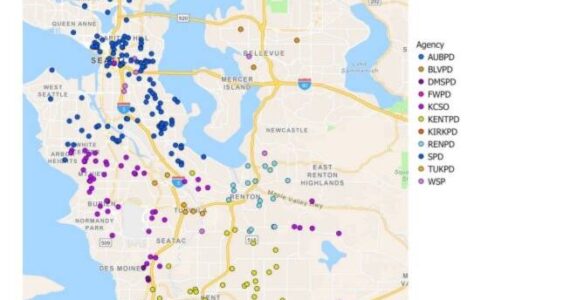 Geographical distribution map of shots fired incidents in the first quarter of 2023 in King County. (Courtesy of the King County Prosecuting Attorney's Office.)