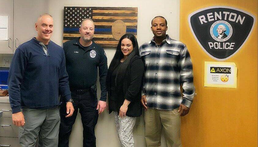 Photo courtesy of Project Be Free
Co-founders Katya Wojcik and Joel Thomas (left) of Project Be Free partnered with the Renton Police Department in April 2022.