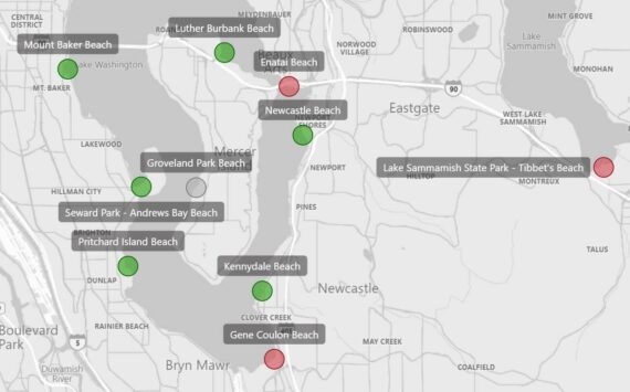 As of June 11, Gene Coulon Beach is one of several throughout the county that are closed due to high levels of bacteria. Courtesy of King County.