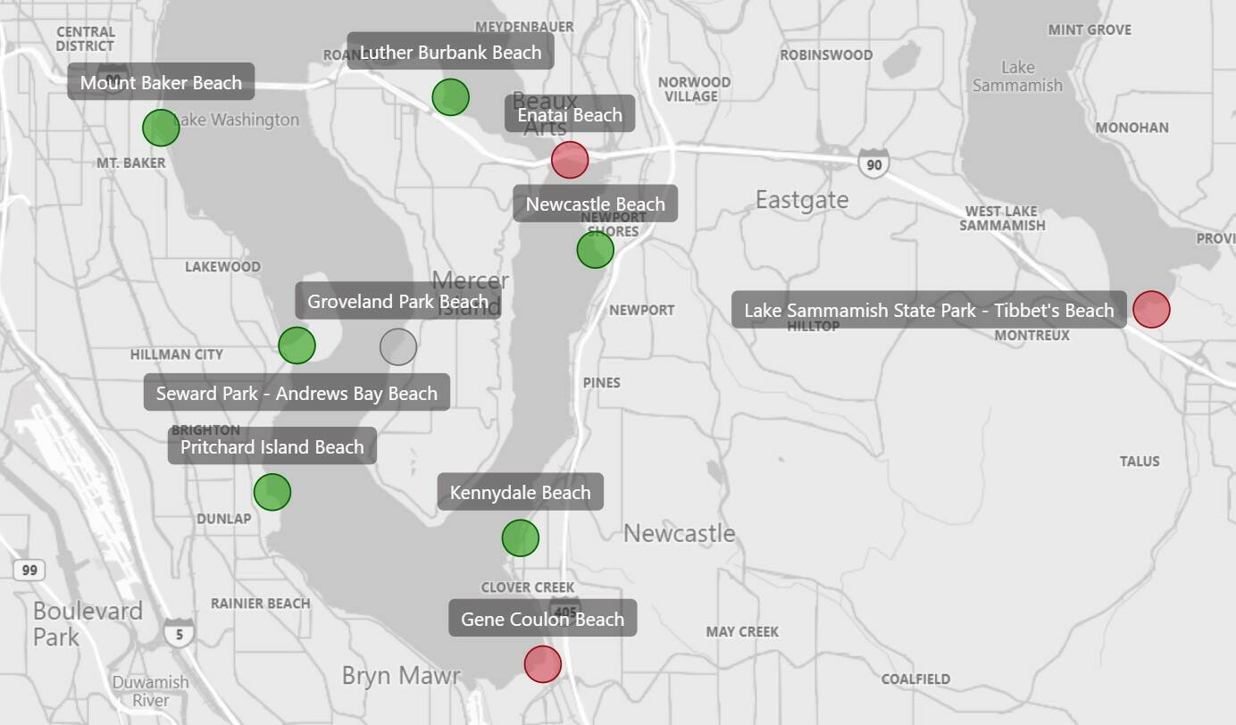 As of June 11, Gene Coulon Beach is one of several throughout the county that are closed due to high levels of bacteria. Courtesy of King County.