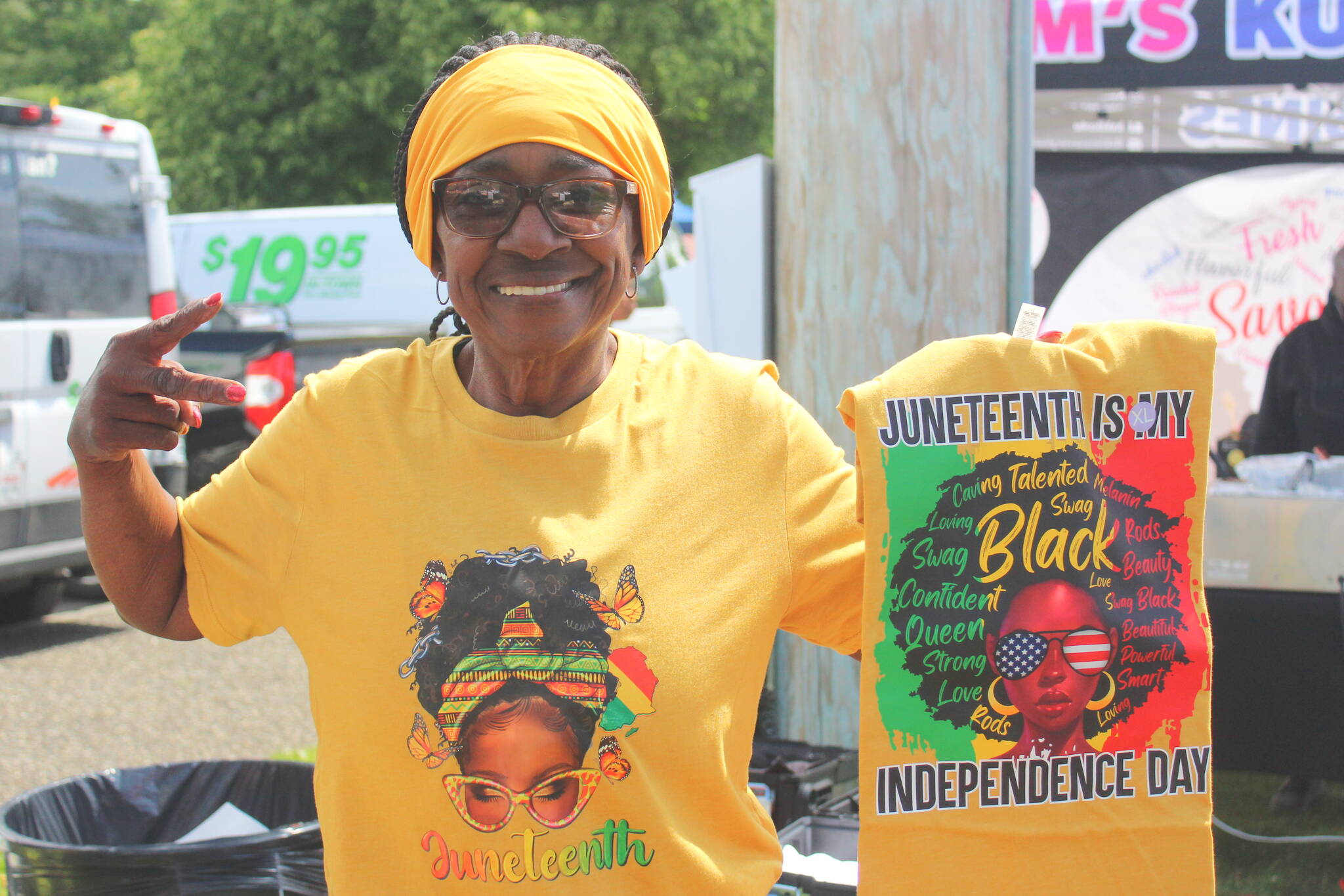 Elenor of Northington Tees shows her Juneteenth merchandise. Photo by Bailey Jo Josie/Sound Publishing