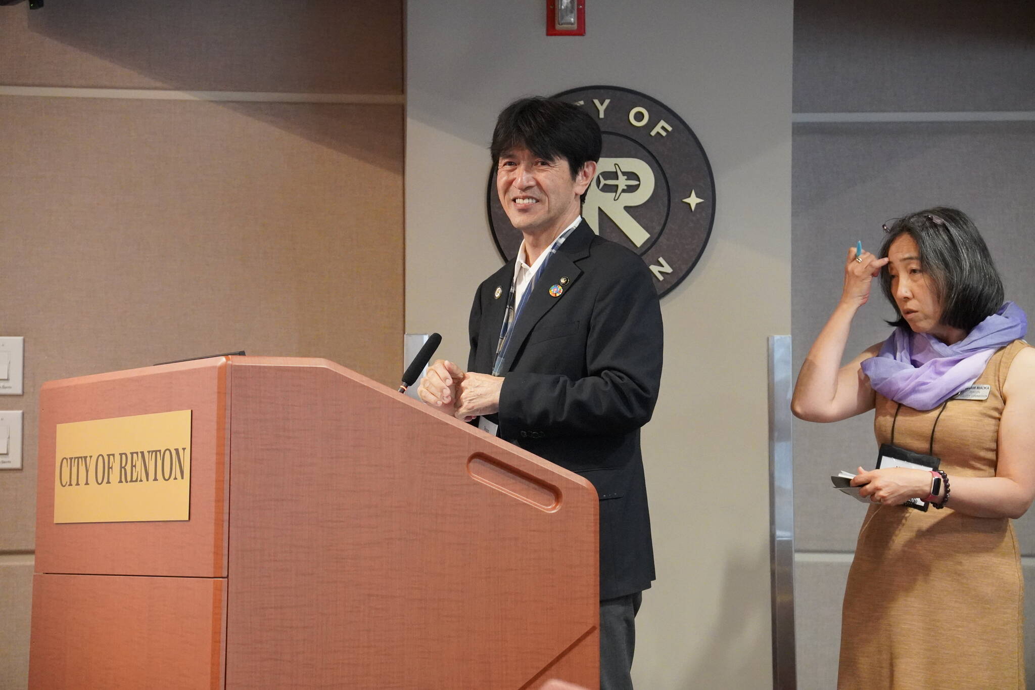 Mayor Shozo Katayama of Nishiwaki, Japan, with his translator at the July 8 Renton City Council meeting. Photo by Joshua Solorzano/The Reporter