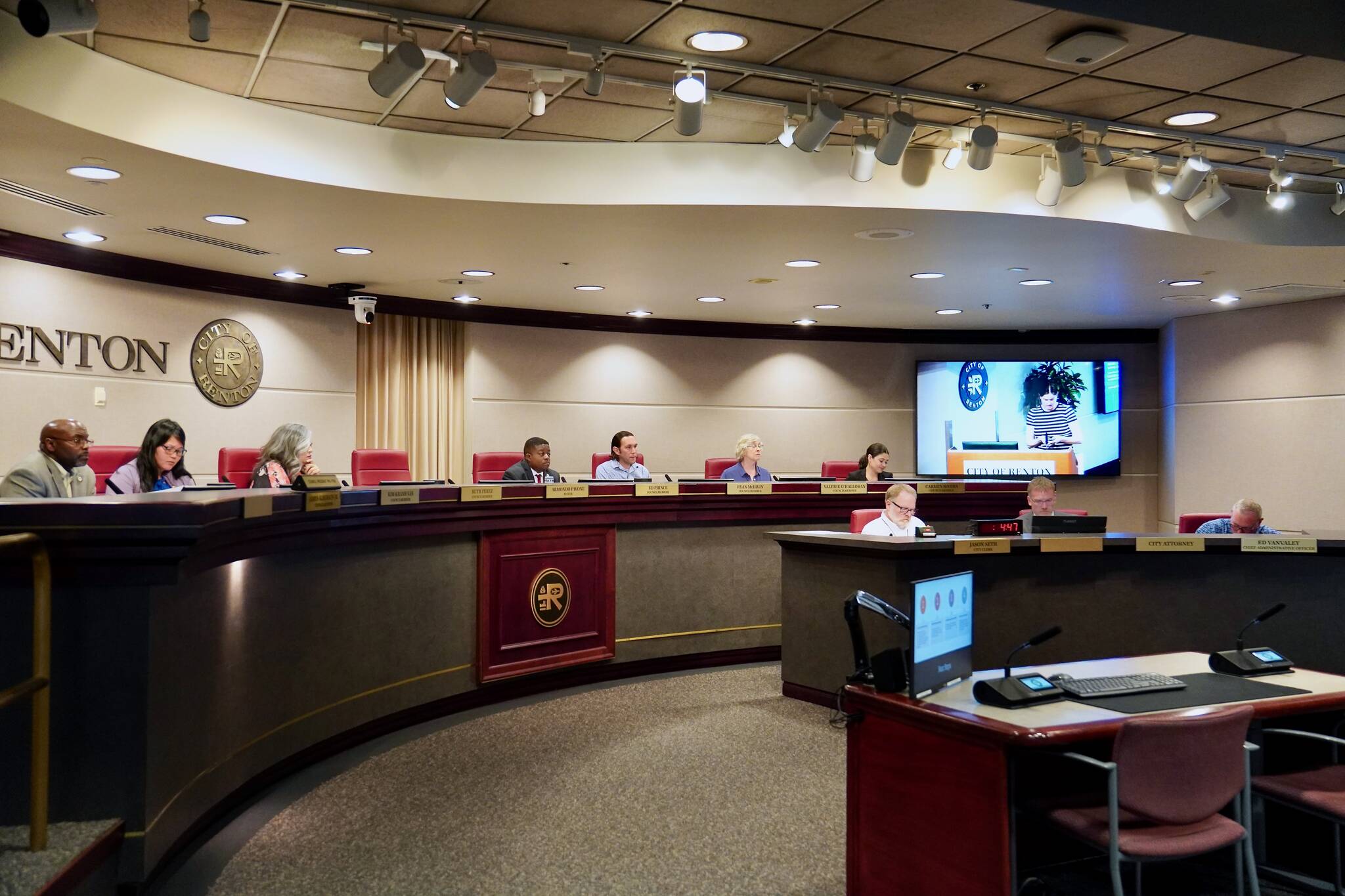 The council together during the July 17 Renton City Council meeting. Photo by Joshua Solorzano