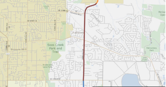 The proposed speed limit change to 35 mph on 140th Avenue Southeast in Fairwood would be between the Renton city limits and Southeast 192nd Street (indicated in brown on the map). Courtesy of King County Road Services.