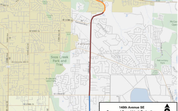 The proposed speed limit change to 35 mph on 140th Avenue Southeast in Fairwood would be between the Renton city limits and Southeast 192nd Street (indicated in brown on the map). Courtesy of King County Road Services.