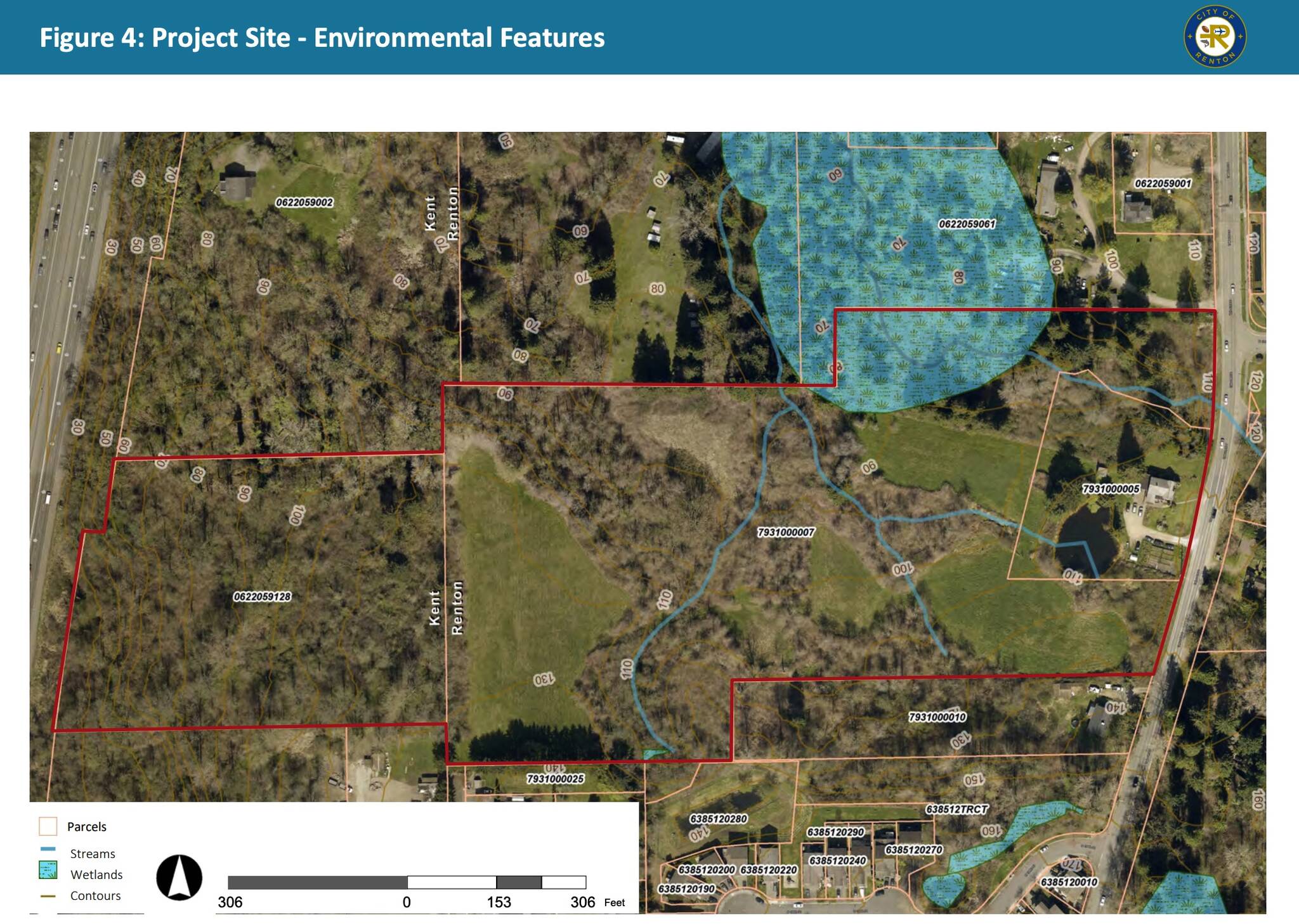 Project site for Cleveland Richardson Park with its environmental features, as seen in a screenshot from the agreement with Bruce Dees & Associates for the Cleveland Richardson Park Master Plan submitted to Renton City Council. Courtesy image