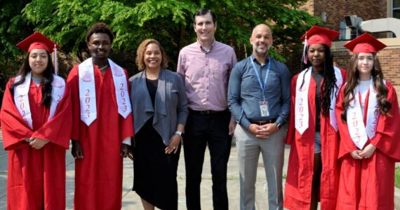 This 2023 photo shows Yaxyry Lomeli, Dechae Hester, Jayden Huggins and Liliana Urias, who will benefit from Renton Promise. They are pictured with RTC President Yoshiko Harden, Rep. Steve Bergquist, RSD Superintendent Damien Pattenaude. Courtesy photo