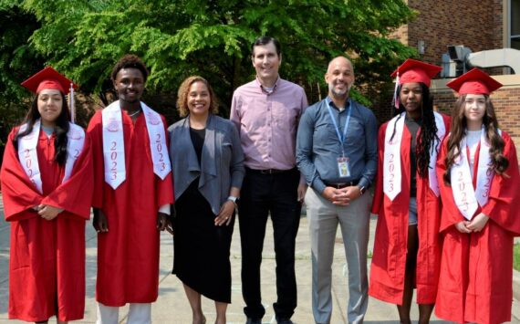 This 2023 photo shows Yaxyry Lomeli, Dechae Hester, Jayden Huggins and Liliana Urias, who will benefit from Renton Promise. They are pictured with RTC President Yoshiko Harden, Rep. Steve Bergquist, RSD Superintendent Damien Pattenaude. Courtesy photo