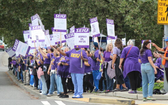 Hundreds of hospital workers and supporters took to Talbot and Carr during the informational picket Sept. 11. Photo by Bailey Jo Josie/Sound Publishing.