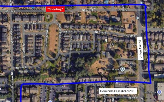 The Renton Police Department posted an updated photograph on Sept. 17 showing the surrounding area of the shooting, requesting public assistance in obtaining video footage from the area on Sept. 2. (Courtesy of the Renton Police Department.)