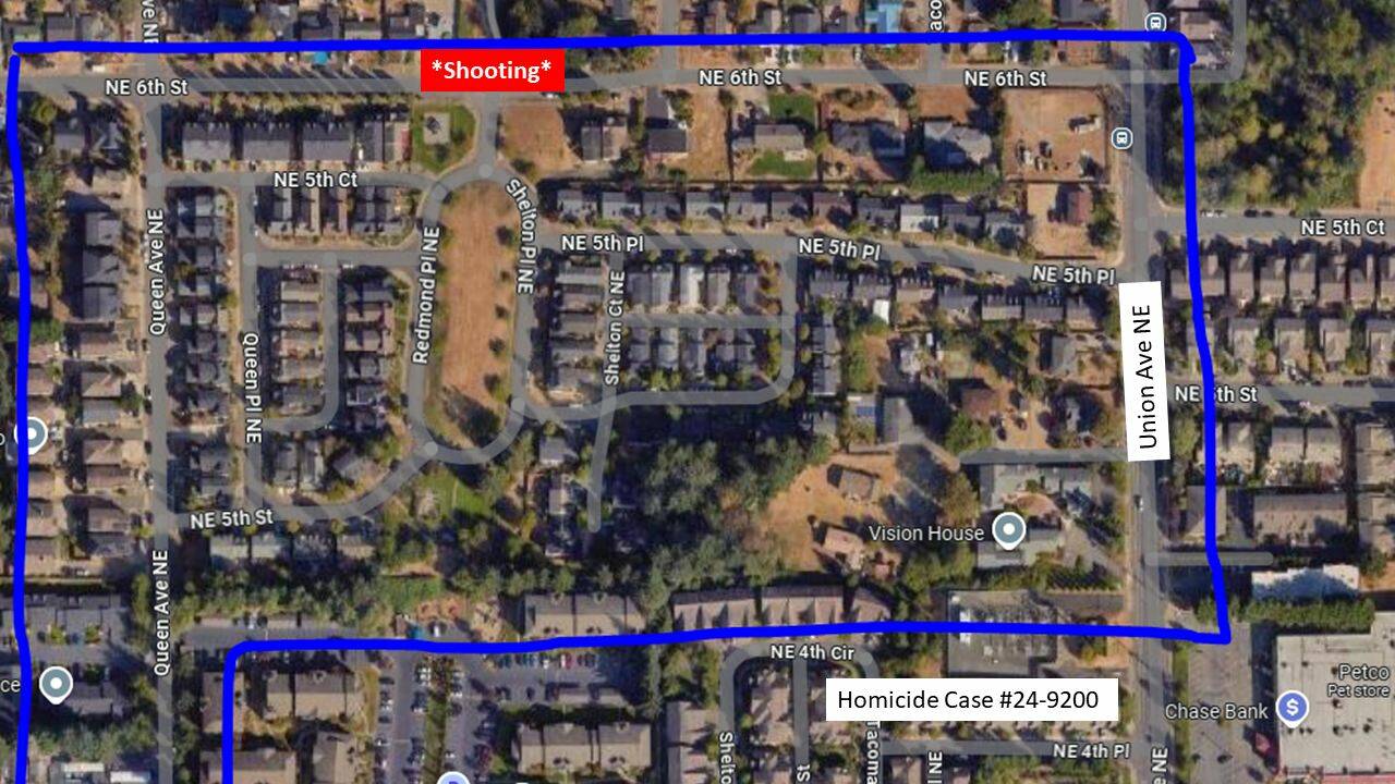 The Renton Police Department posted an updated photograph on Sept. 17 showing the surrounding area of the shooting, requesting public assistance in obtaining video footage from the area on Sept. 2. (Courtesy of the Renton Police Department.)