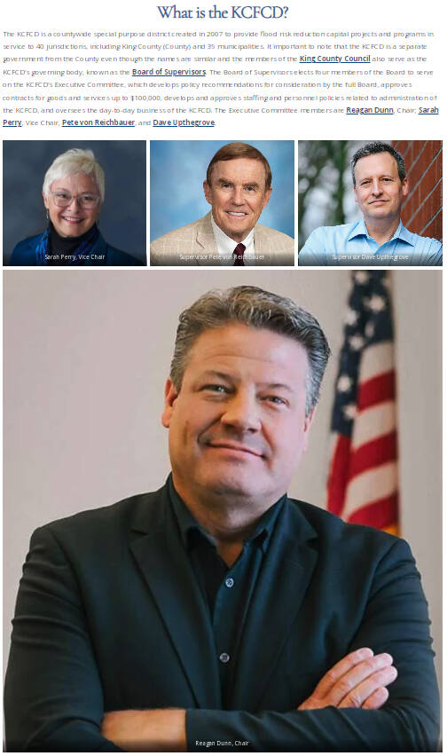 The King County Flood Control District’s executive members: Vice Chair Sarah Perry, Supervisor Pete von Reichbauer, Supervisor Dave Upthegrove, and Chair Reagan Dunn. Screenshot from the The King County Flood Control District website.