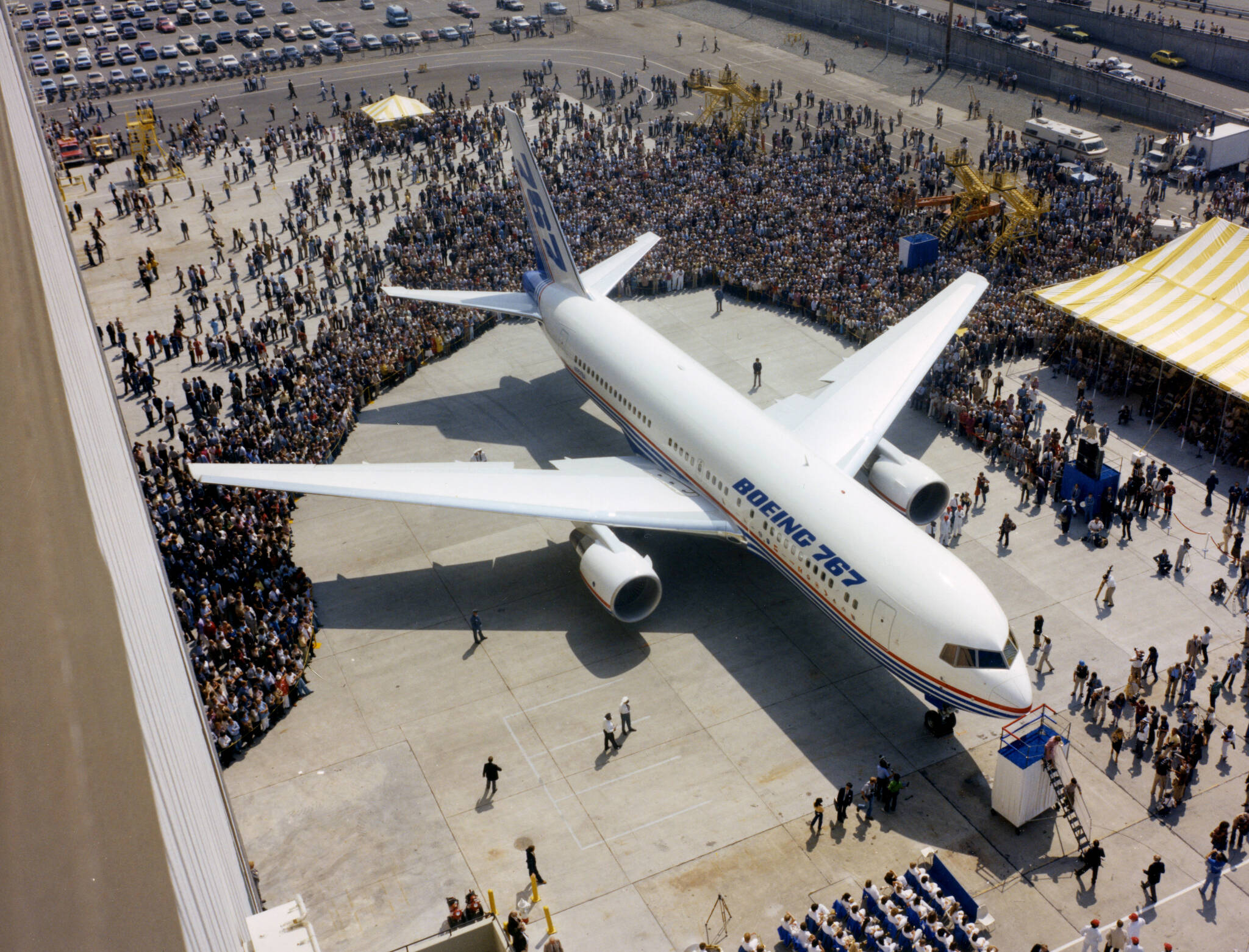 Aug. 4, 1981, was a memorable day for Boeing. The company’s first new commercial transport in more than a dozen years, the Boeing 767, rolled out of the Everett, Washington, plant in front of 15,000 onlookers. This widebody airplane was the first of a new generation of Boeing commercial transports designed for the fuel-conscious 1980s. Using the latest technology, the 767 promised to burn 30 percent less fuel than the generation of transports it was replacing. (Courtesy photo)