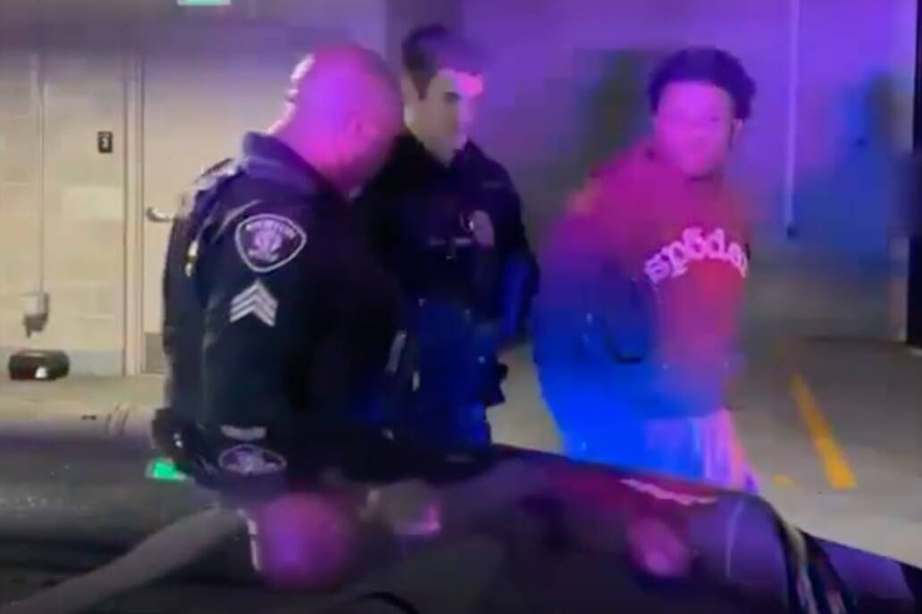 The arrest of Miles Oliver Hudson, the “Belltown Hellcat.” (Screenshot from video)