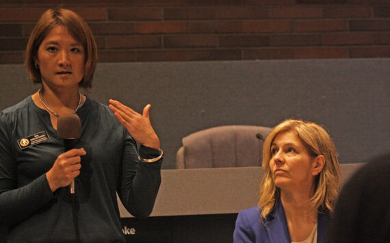 In this file photo, State Rep. Mia Gregerson answers a question as Rep. Tina Orwell listens during a town hall meeting. Both won re-election in the Nov. 2024 general election. (File photo)