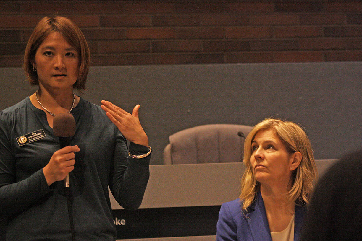 In this file photo, State Rep. Mia Gregerson answers a question as Rep. Tina Orwell listens during a town hall meeting. Both won re-election in the Nov. 2024 general election. (File photo)