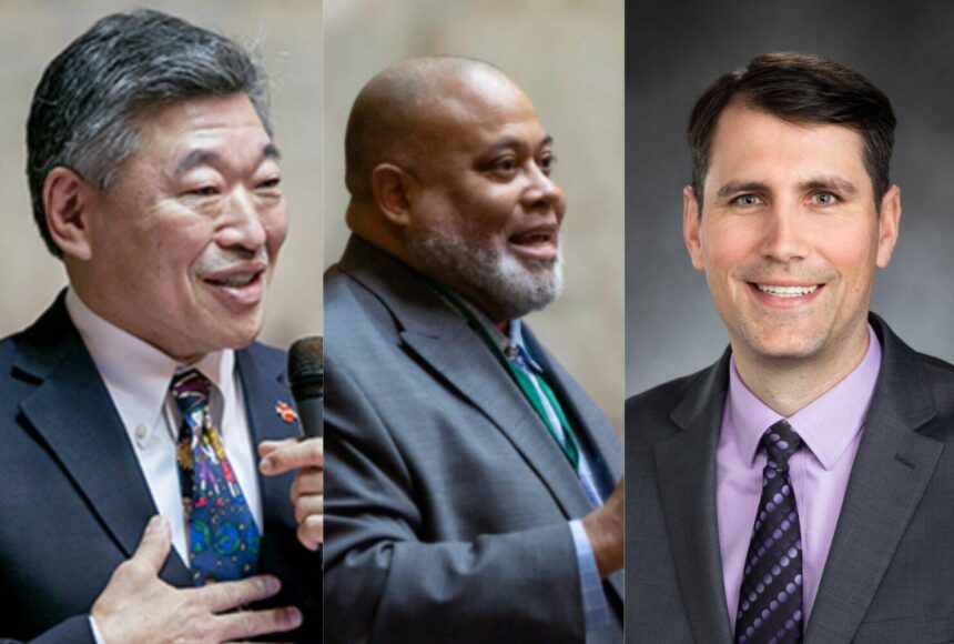 <p>Pictured left to right: Sen. Bob Hasegawa (D), Rep. David Hackney, and Rep. Steve Bergquist (Courtesy of Democratic Caucus)</p>