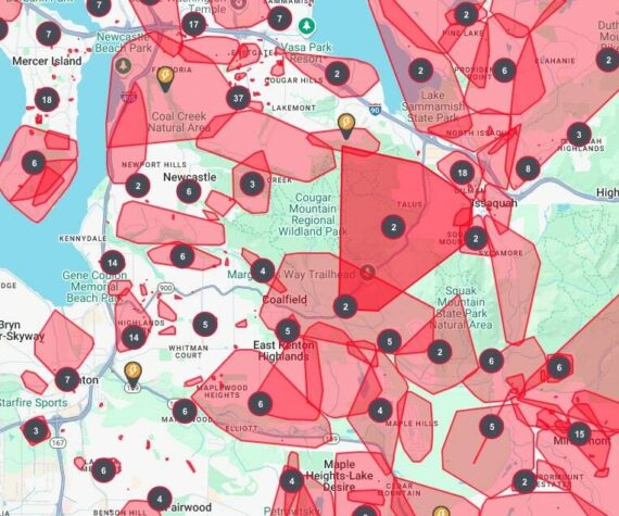 Power outage map from Puget Sound Energy for the Renton area as of 3:45 p.m. Friday, Nov 22. (Screenshot)