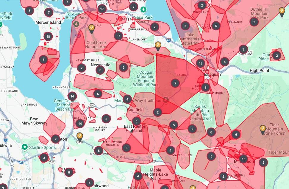 Power outage map from Puget Sound Energy for the Renton area as of 3:45 p.m. Friday, Nov 22. (Screenshot)